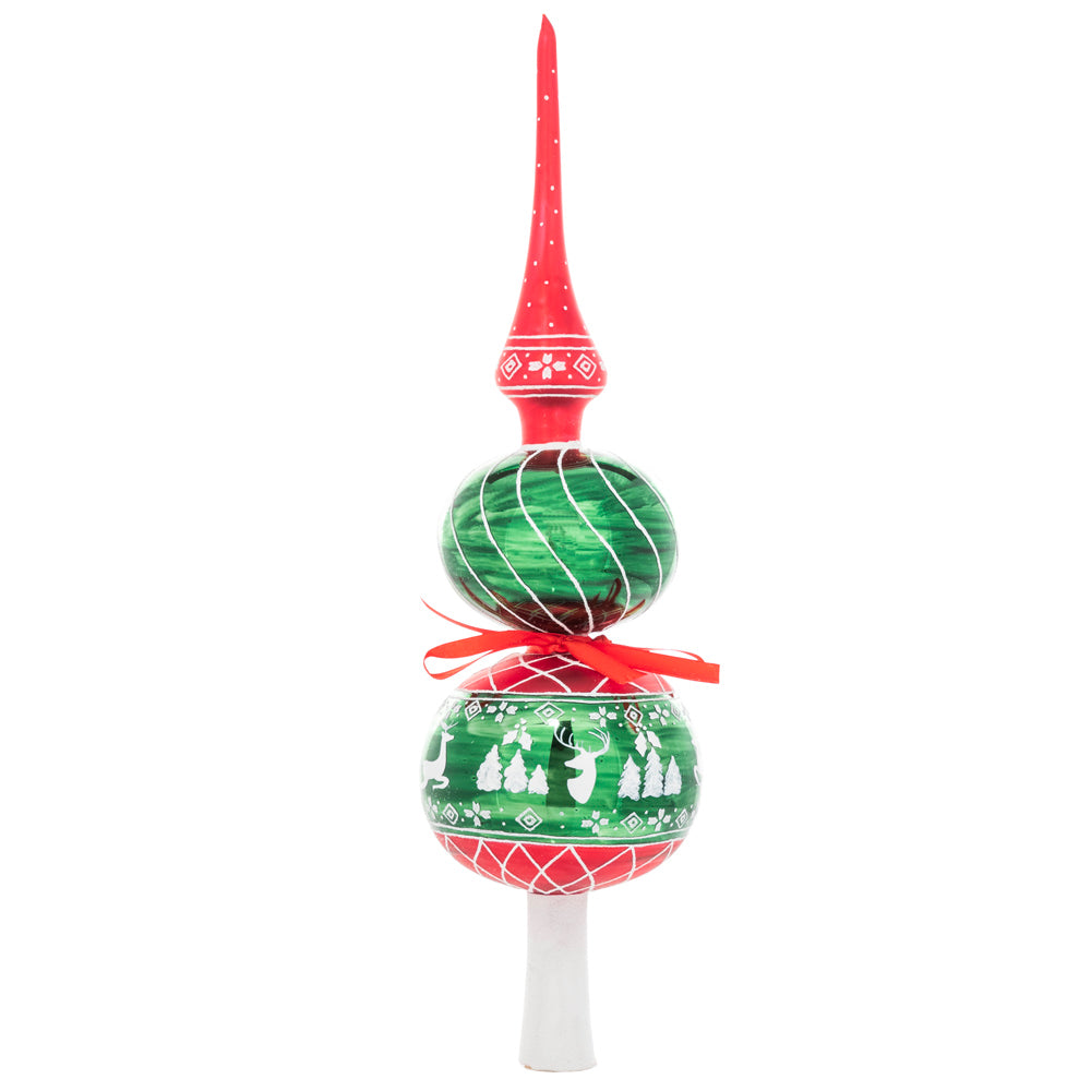 Back - Finial Description - A Rustic Christmas Finial: This ornate spire finial will be the perfect finishing touch on your tree this year. With forest green, deep reds and white Nordic-inspired Christmas imagery, it's a traditional yet unexpected piece for the top of any tree!