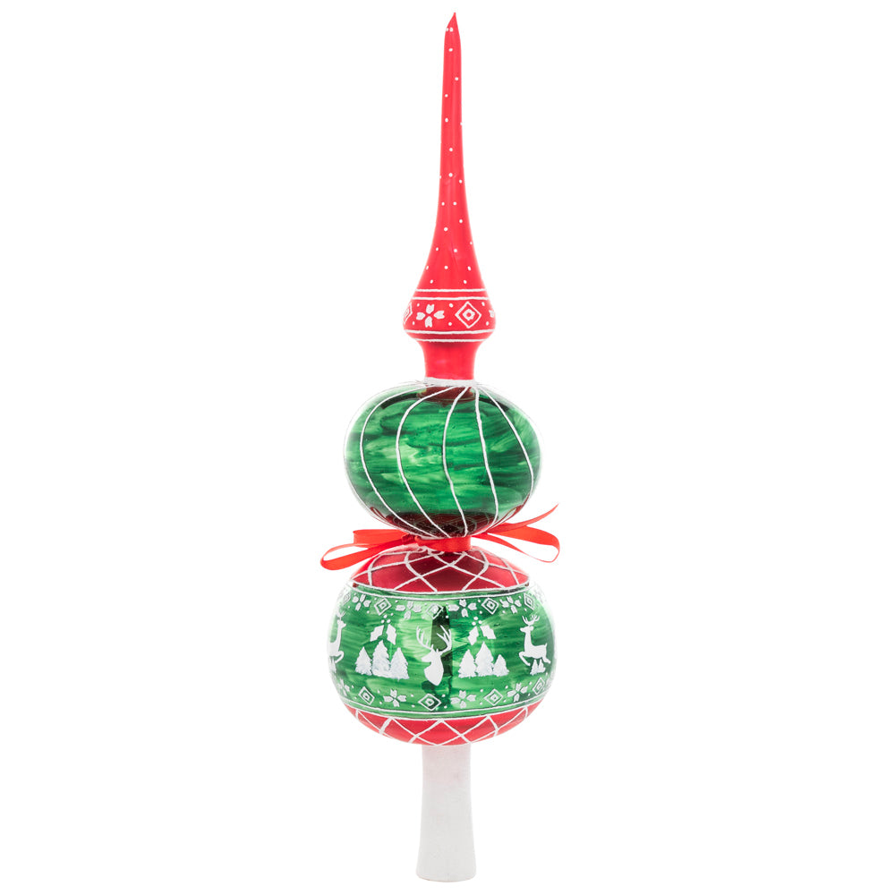Finial Description - A Rustic Christmas Finial: This ornate spire finial will be the perfect finishing touch on your tree this year. With forest green, deep reds and white Nordic-inspired Christmas imagery, it's a traditional yet unexpected piece for the top of any tree!