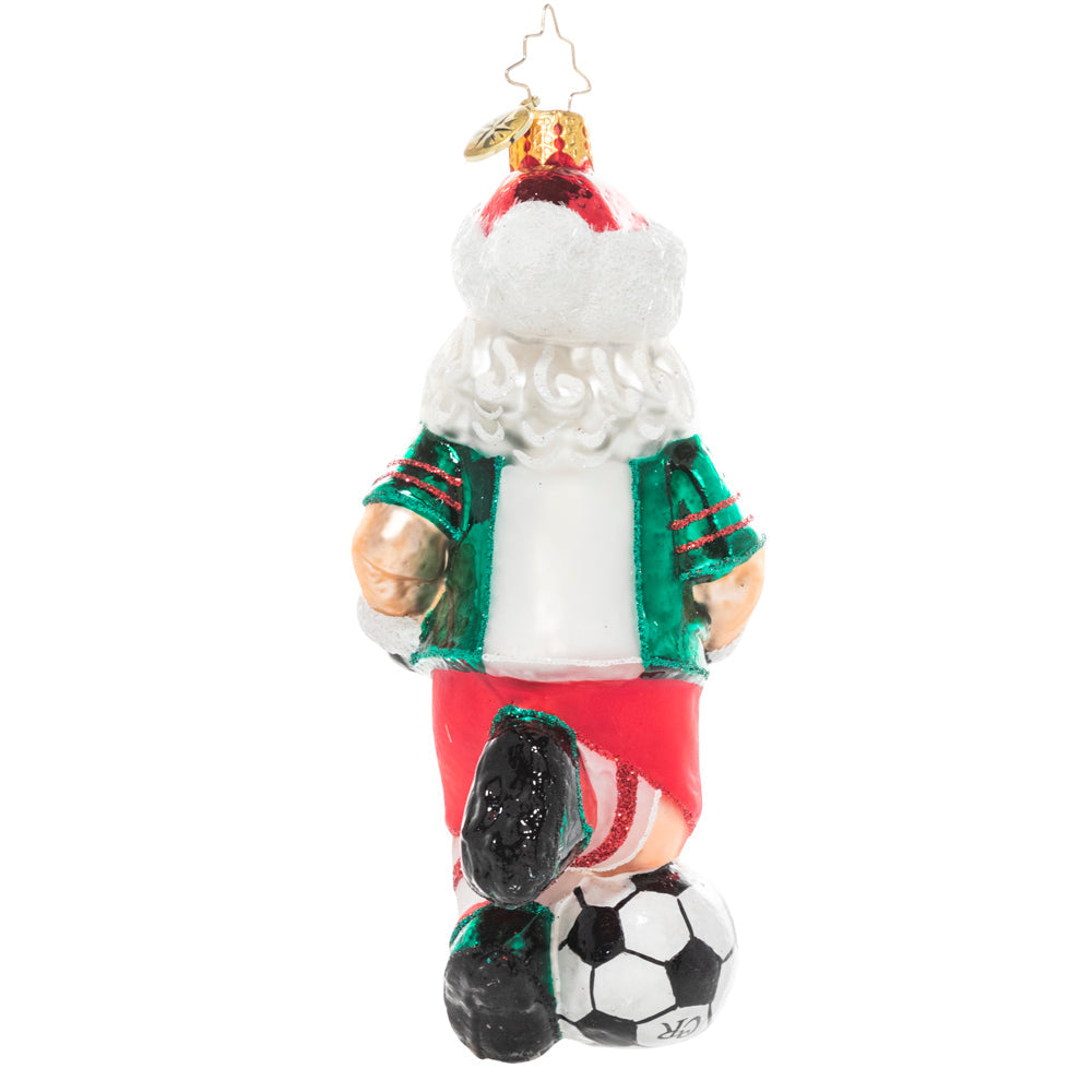 Back - Ornament Description - Kick it Like Kringle: Go, Santa, Go! In the off season, St. Nick stays fit by playing soccer with the elves. Cheer him on with this festive, sporty ornament.