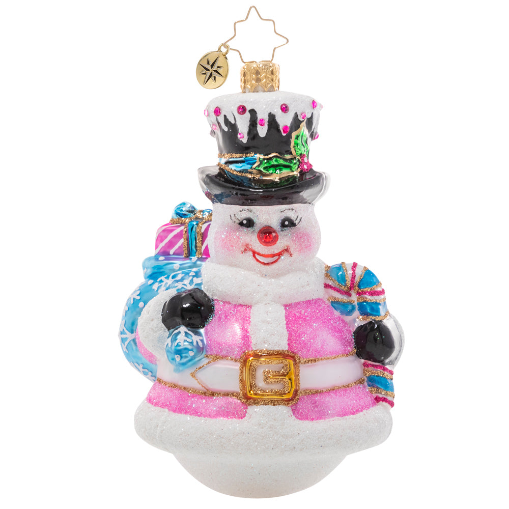 Front - Ornament Description - Pink Peppermint Snowman: The snow is falling! This snowman is all dressed up for his favorite season of all in a pale pink outfit with light blue accessories. 