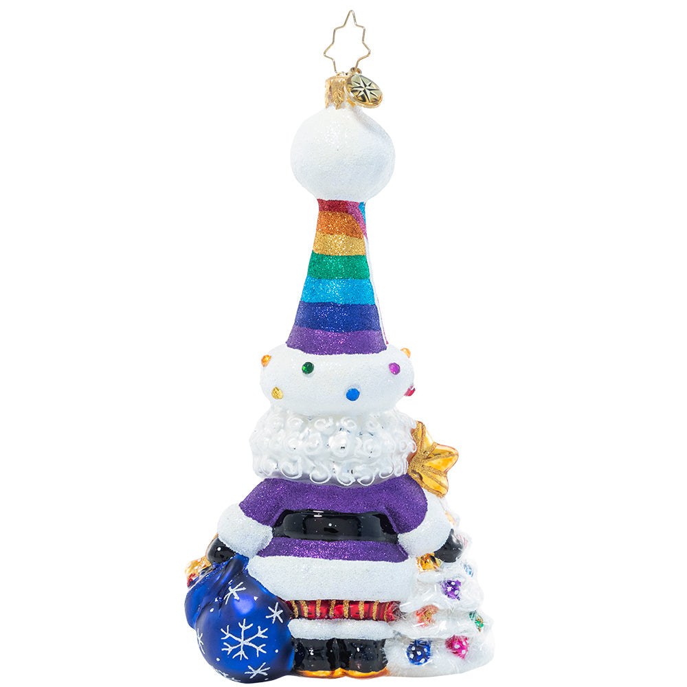 Back - Ornament Description - Love is Love Santa: Santa's heart doesn't discriminate! He's happy to show his support for the LGBTQ+ community with his PRIDE-inspired festive wear in every color of the rainbow. A percentage of the sales from this ornament will benefit LGBTQ+ charities.