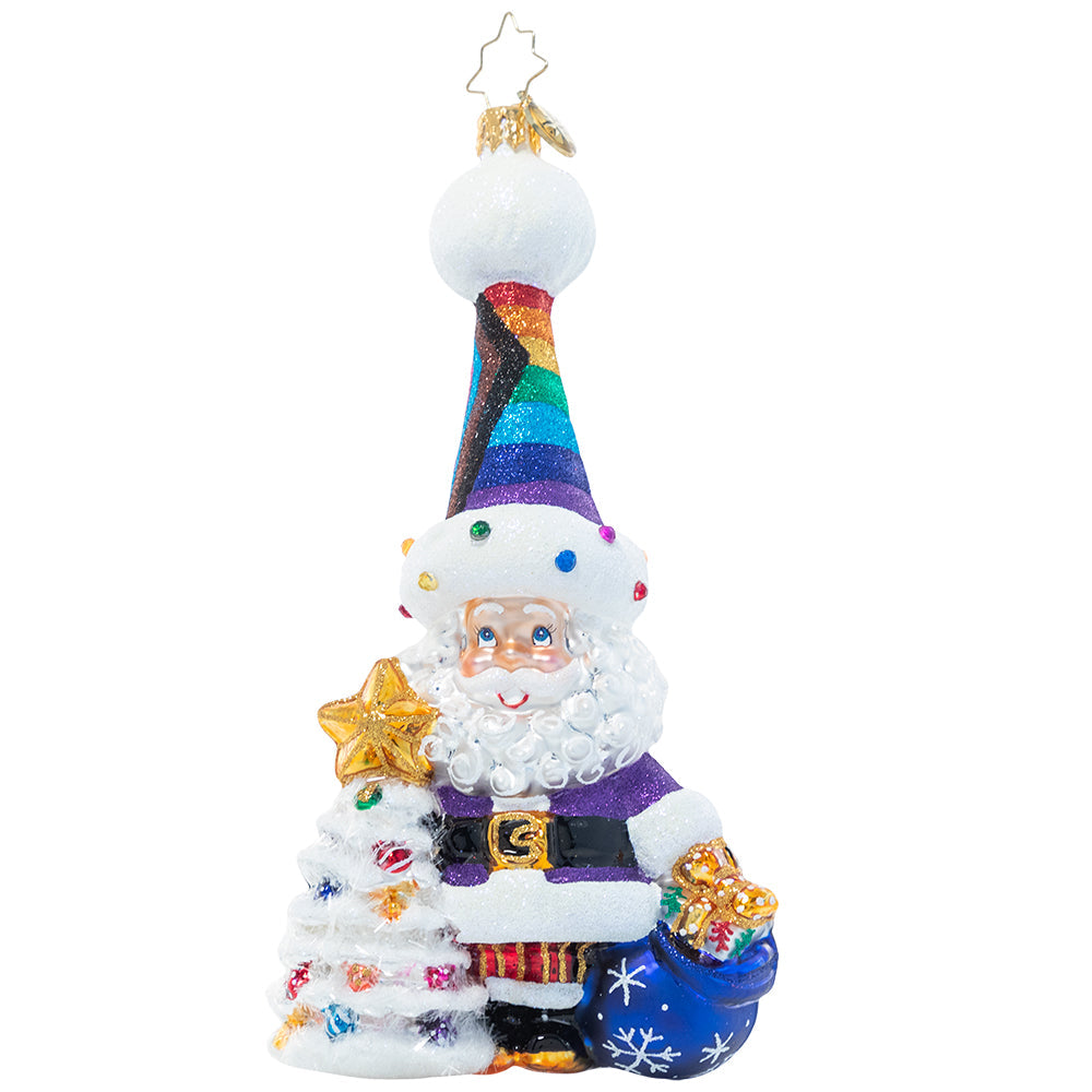 Front - Ornament Description - Love is Love Santa: Santa's heart doesn't discriminate! He's happy to show his support for the LGBTQ+ community with his PRIDE-inspired festive wear in every color of the rainbow. A percentage of the sales from this ornament will benefit LGBTQ+ charities.
