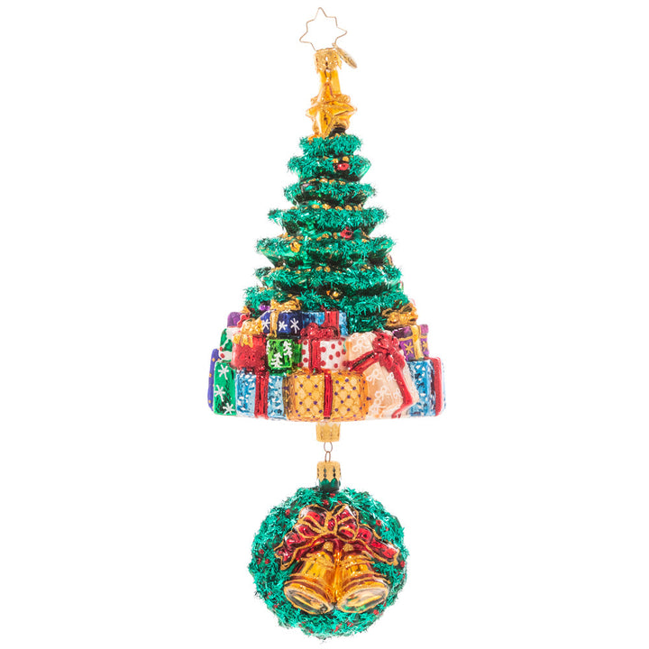 Back - Ornament Description - Christmas Splendor Tree: It's beginning to look a lot like Christmas! A glitzy Christmas tree peeks out above a giant pile of presents, with a musical wreath poised beneath.