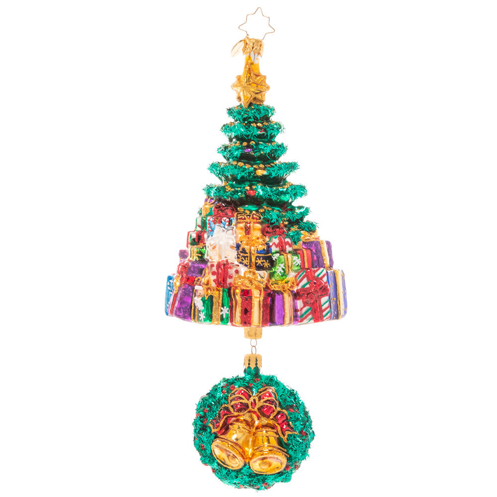 Front - Ornament Description - Christmas Splendor Tree: It's beginning to look a lot like Christmas! A glitzy Christmas tree peeks out above a giant pile of presents, with a musical wreath poised beneath.