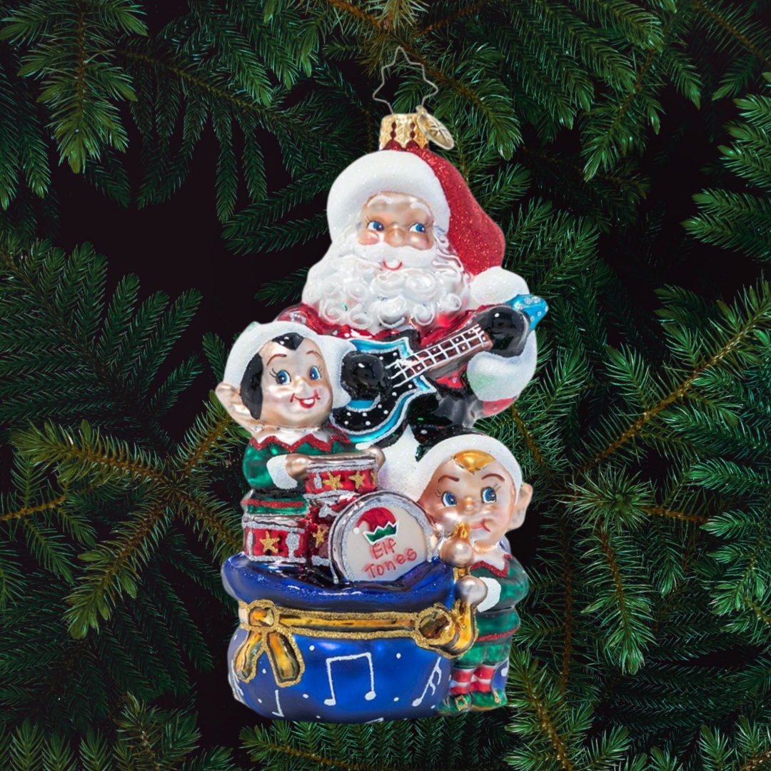 Ornament Description - Rockin' Christmas Trio: Santa and his little helpers have started a band and are jammin' out to all your favorite Christmas tunes. It's bound to be a not-so-silent night…they'll be rockin' all night long!