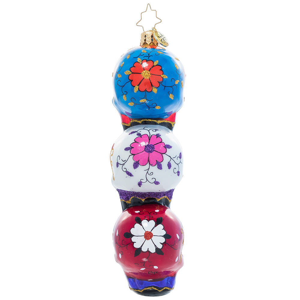 Back - Ornament Description - Spooky Sugar Skulls: Triple the tricks, triple the treats! Trim your Halloween tree with this trio of colorful stacked sugar skulls.