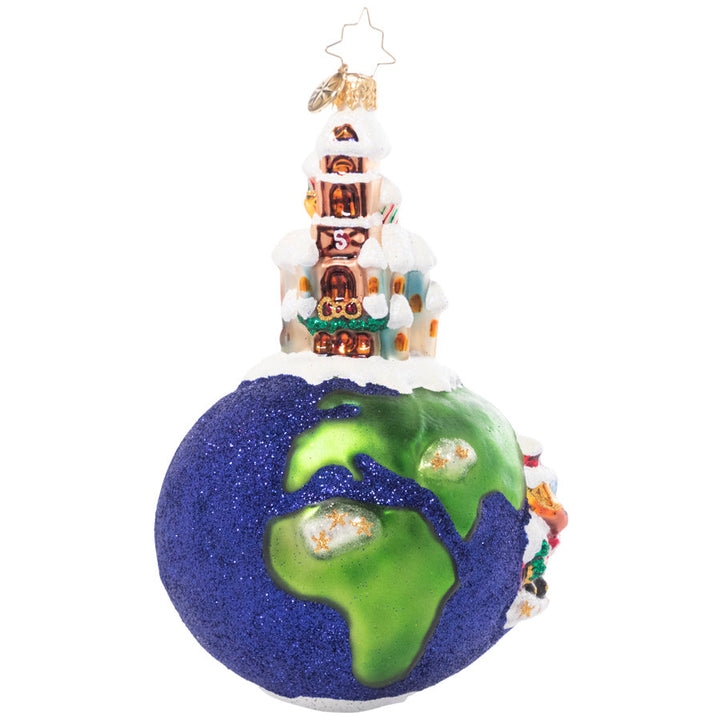 Back - Ornament Description - Worldwide Train Ride: Choo choo! Christmastime is here! Santa has taken a break from flying through the sky to enjoy some time on land-traveling by train.