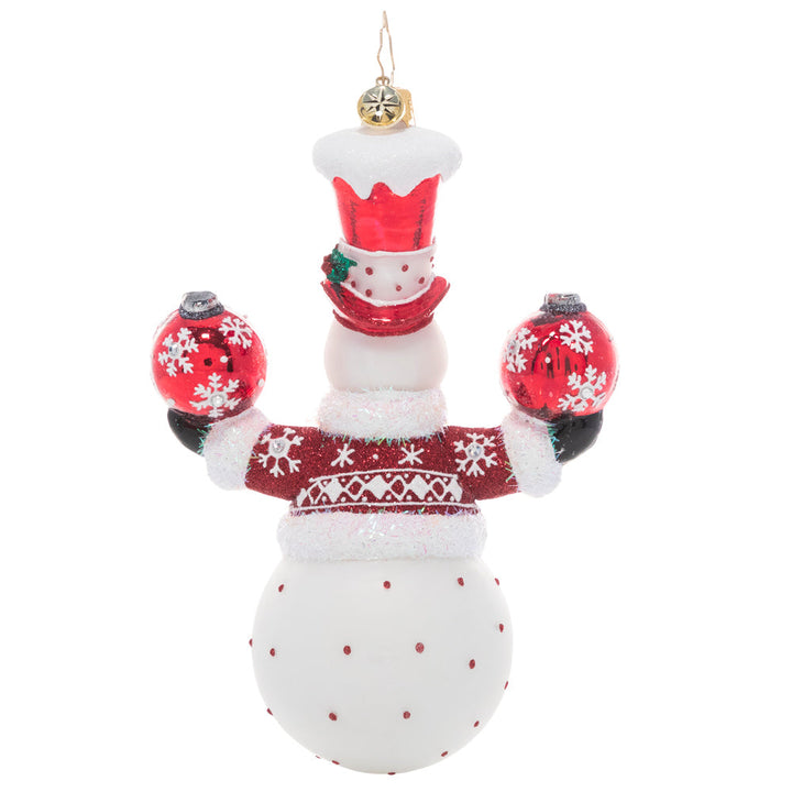 Back - Ornament Description - Cheery Snowman Juggler: This acrobatic snowman is ready to demonstrate his tricks and spread good cheer by juggling two festive Christmas ornaments.