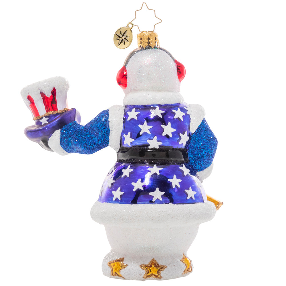 Back - Ornament Description - Star Spangled Snowman: This snowman is showing his patriotic pride! He tips his hat to the country he loves as he prepares to play the bugle for the town celebration.