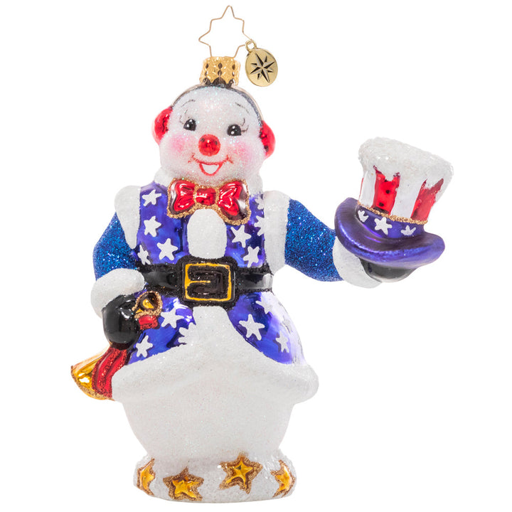 Front - Ornament Description - Star Spangled Snowman: This snowman is showing his patriotic pride! He tips his hat to the country he loves as he prepares to play the bugle for the town celebration. 