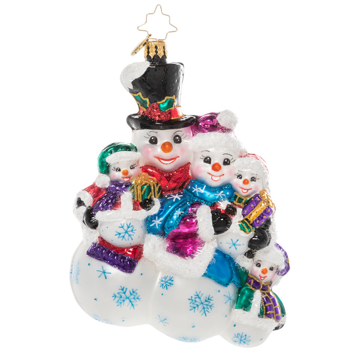 Front - Ornament Description - The Frosty Family: They may be made of snow, but these frosty folks know the warmth of a family! They snuggle together for a group hug before joining their friends for some winter fun.