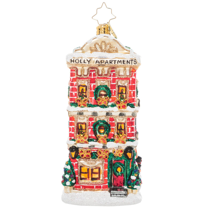 Back - Ornament Description - There's No Place Like Home: Even in the heart of the big city, apartment dwellers can get into the holiday spirit too! Celebrate the traditional brownstone, all decked out for Christmas.