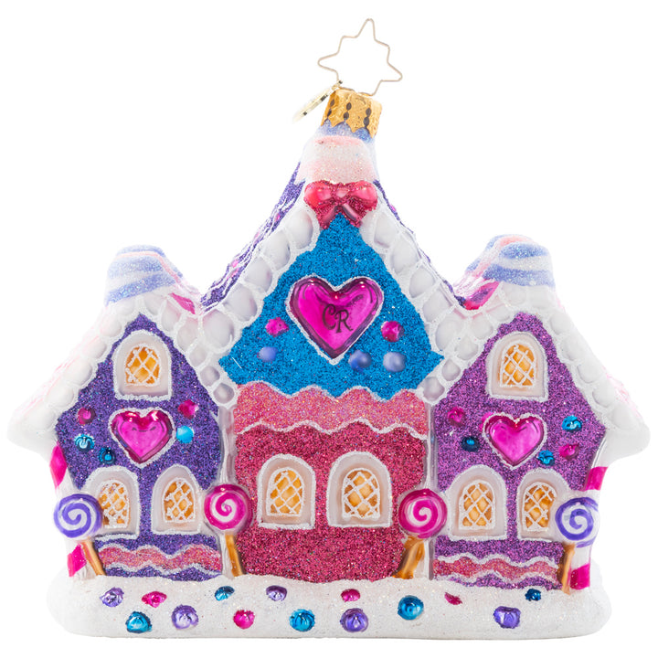 Back - Ornament Description - Candy Cane Lane: With sweet sprinkles and gumdrops galore, this cluster of candy houses makes the perfect addition to any neighborhood – and your Christmas tree!