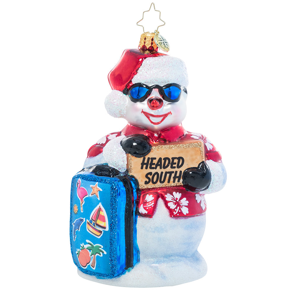 Front - Ornament Description - Out of Office Snowman: This snowman is pretty cold already, but now he's ready to chill! He's heading south to vacation in the sunny weather – hope he packed his SPF 10,000!