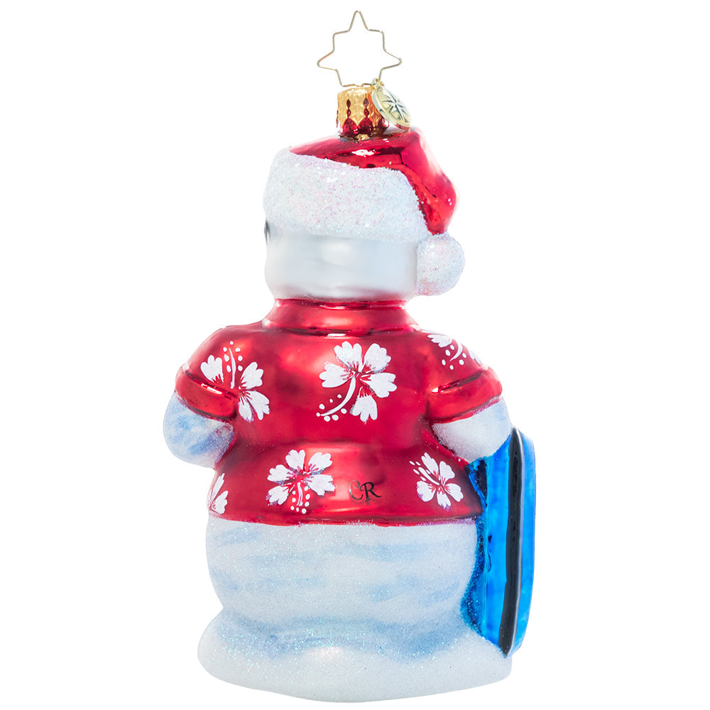 Back - Ornament Description - Out of Office Snowman: This snowman is pretty cold already, but now he's ready to chill! He's heading south to vacation in the sunny weather – hope he packed his SPF 10,000!