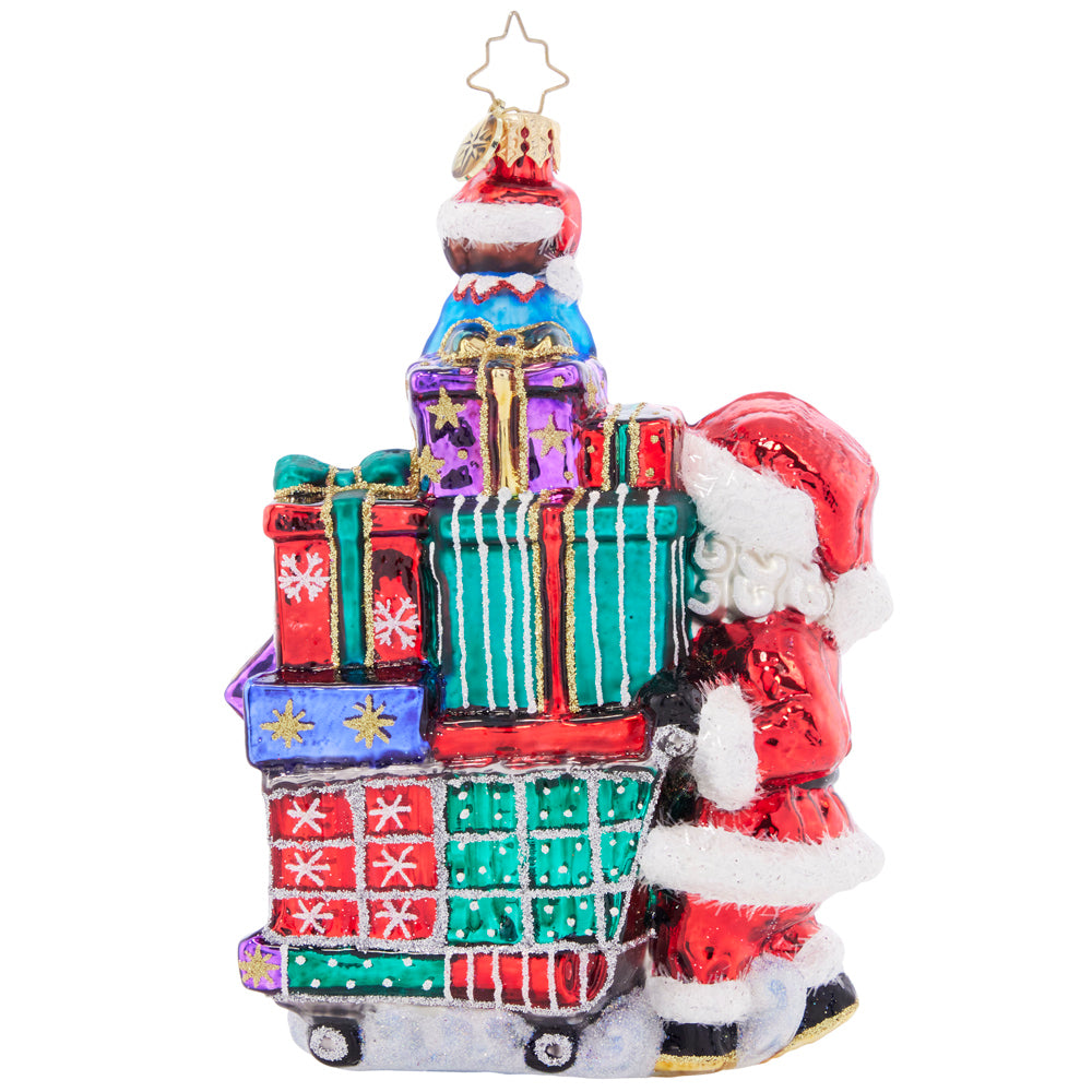 Back - Ornament Description - Savvy Shopper Santa: Santa says it's time to shop 'til you drop! With the assistance of his elf helpers, he's picking up the season's best tidings to deliver this Christmas.