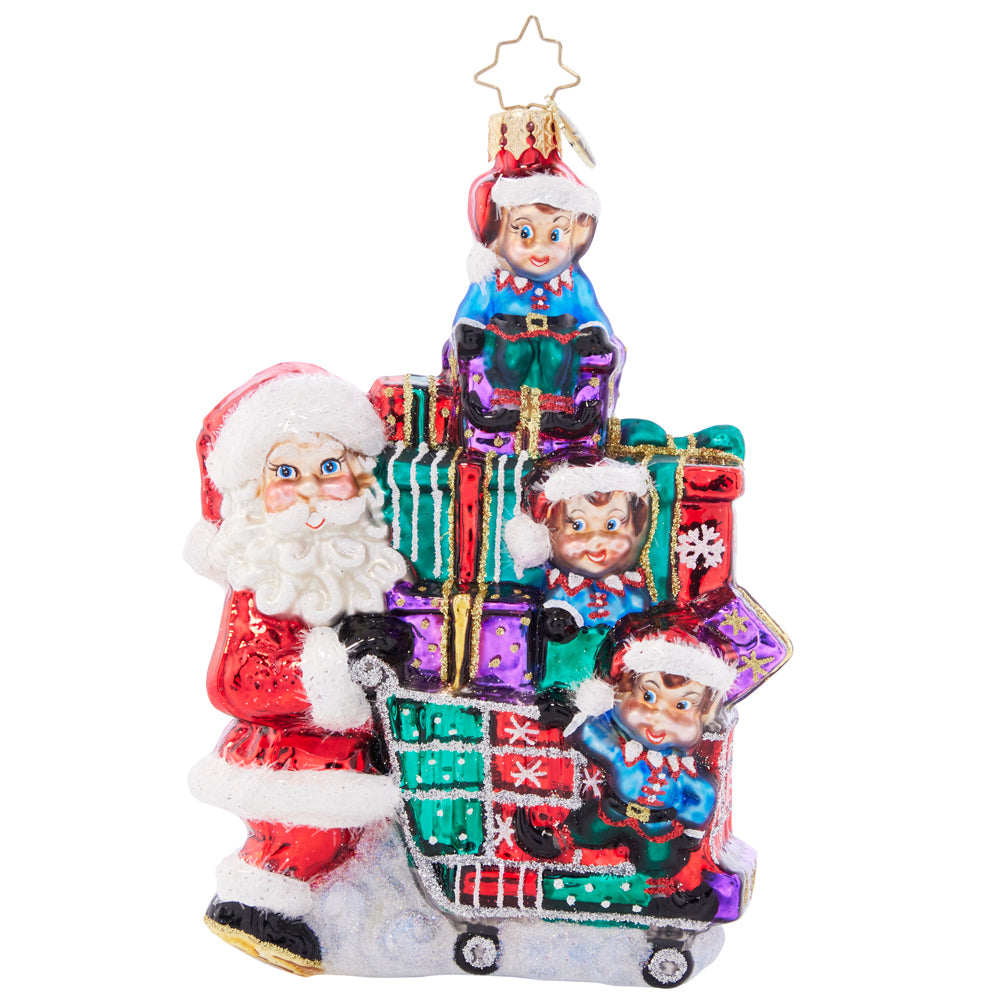 Front - Ornament Description - Savvy Shopper Santa: Santa says it's time to shop 'til you drop! With the assistance of his elf helpers, he's picking up the season's best tidings to deliver this Christmas.
