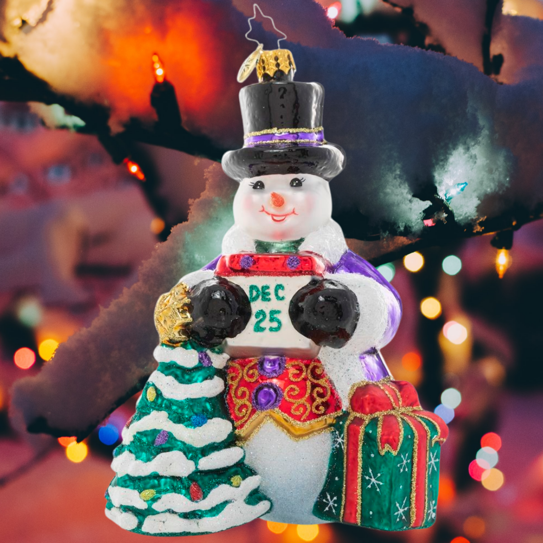 Ornament Description - Today's The Day Snowman: After a whole year of waiting, Christmas is finally here! This sweet snowman has been dutifully counting down the days and is snow excited to celebrate his favorite holiday!