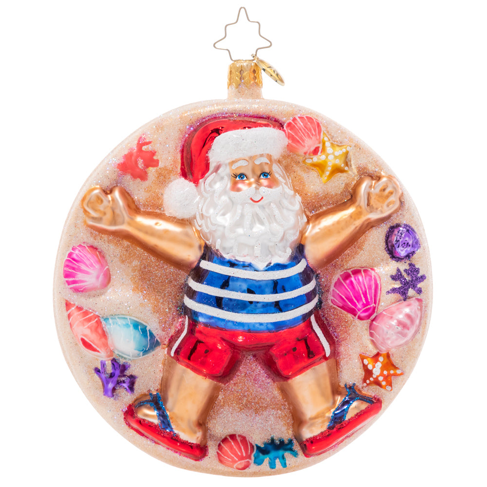 Front - Ornament Description - Beach Cherub Claus: Santa has traded snow angels for sand angels! He's embracing his inner beach bum on a sunny vacation at the beach.