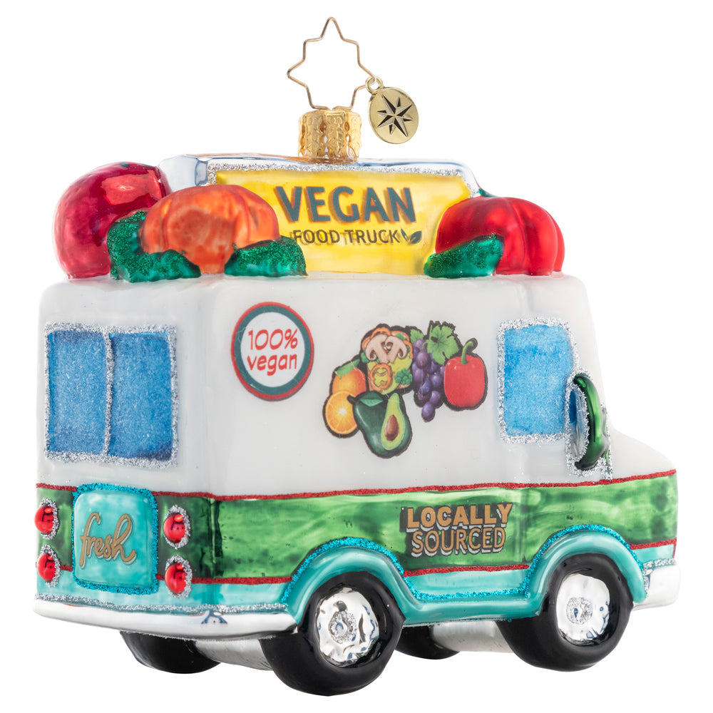 Back - Ornament Description - Veggie Express: Toting fresh veggies and fruits around town, this fantastic food truck has something delicious to offer for everyone. 