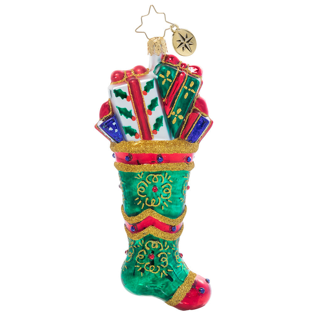 Back - Ornament Description - Splendid Stocking: Someone has been extra good this year! An emerald green stocking has been stuffed full of goodies to delight and thrill on Christmas morning.
