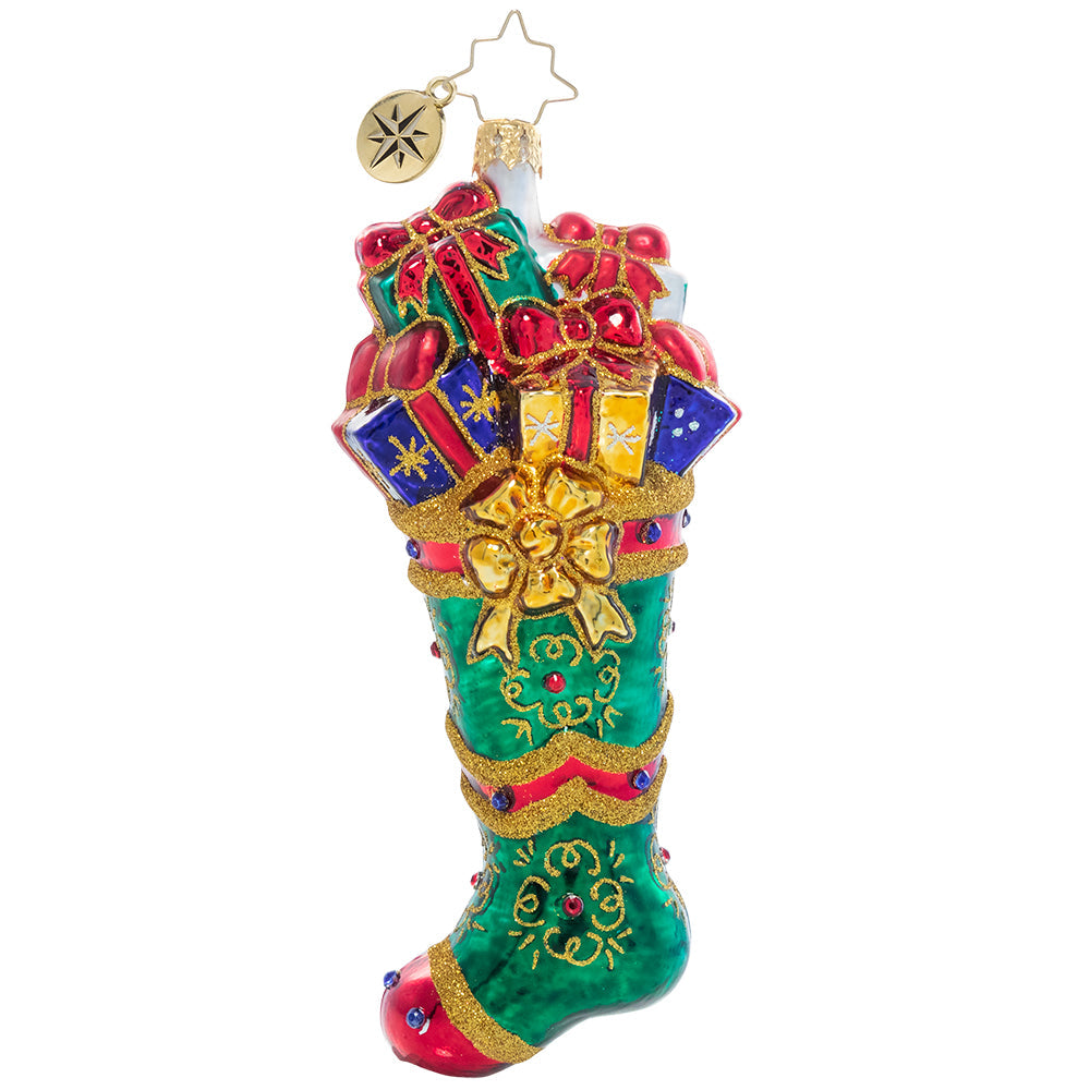Front - Ornament Description - Splendid Stocking: Someone has been extra good this year! An emerald green stocking has been stuffed full of goodies to delight and thrill on Christmas morning.