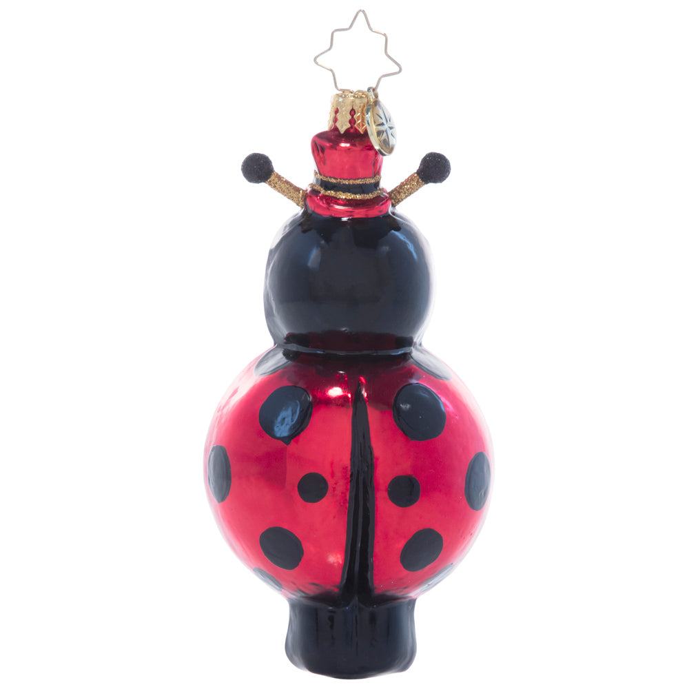 Back - Ornament Description - Who's The Lucky Ladybug?: Who doesn't love flowers? This cheerful ladybug gentleman smiles wide as he gathers a fresh spring bouquet for a very special someone.