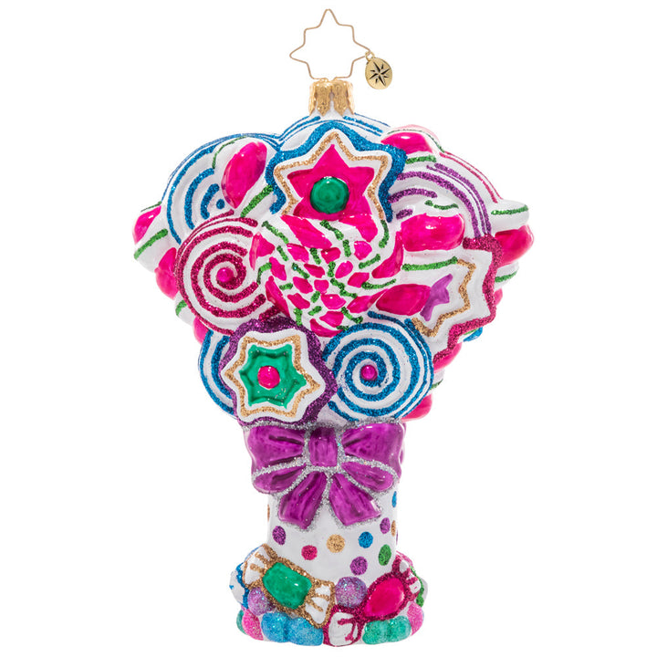 Back - Ornament Description - Spectacular Sweets Bouquet: Love is sweet! Celebrate your sweetie with this bountiful bouquet of colorful lollipops and candies.