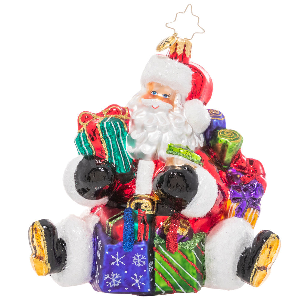 Front - Ornament Description - That's a Wrap Santa!: No surprise that the Christmas king is also a major wrap star! Santa's ready to give with his arms loaded with lovingly-wrapped presents in every size and shape.