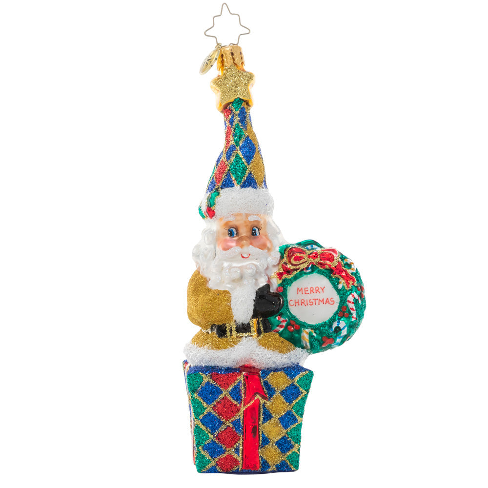 Front - Ornament Description - Christmas Wishes Santa: Dressed in a glittering gold jacket and jewel-toned hat, it's clear that this Santa's favorite thing about Christmas is all the shiny things! He's sending wishes for a holiday filled with good fortune!