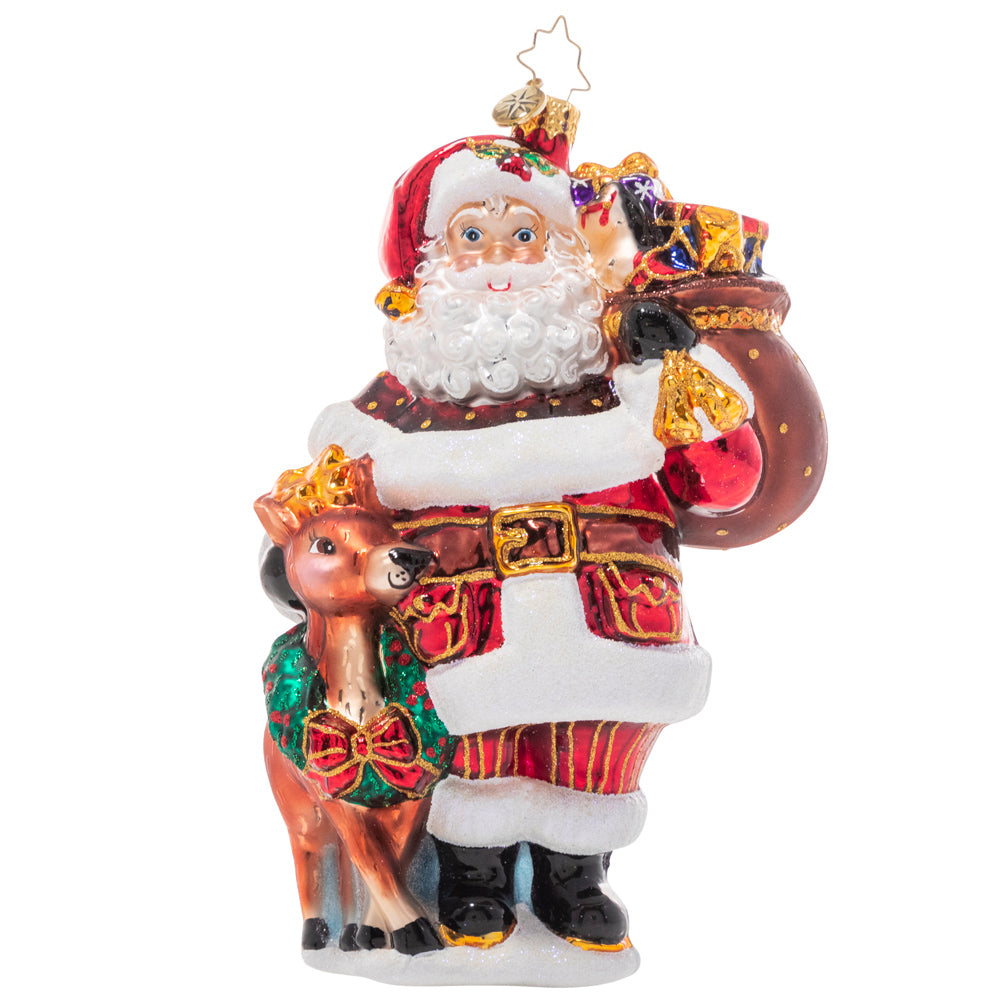 Ornament Description - A Woodland Walk Santa: Walkin' in a Winter Wonderland! Accompanied by an adorable woodland companion, Santa takes a snowy stroll through the tranquil North Pole forests on his way to deliver gifts.