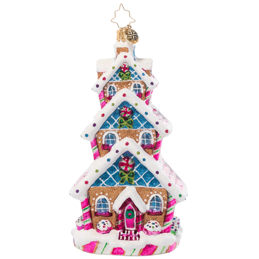 Front - Ornament Description - Sweetest Highrise: This charming tri-level treat is triple the fun! Covered in Christmas candies and icing snow drifts, this charming gingerbread cottage shows off some of what makes this season so very sweet.