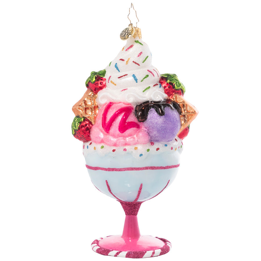 Back - Ornament Description - Cherry on Top: Now that's what I call a sundae! Generous scoops of ice cream, dollops of whip cream, waffle cone pieces, fresh fruits, sweet syrups and loads of sprinkles fill a candy-colored goblet to create a treat that sweet dreams are made of.