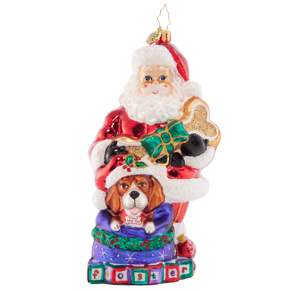 Front - Ornament Description - Santa's Foster Friend: Santa is a friend to all, especially his sweet foster dog Fido. Celebrate the beloved furry friends in your family this Christmasd with a cherished hand-painted ornament.