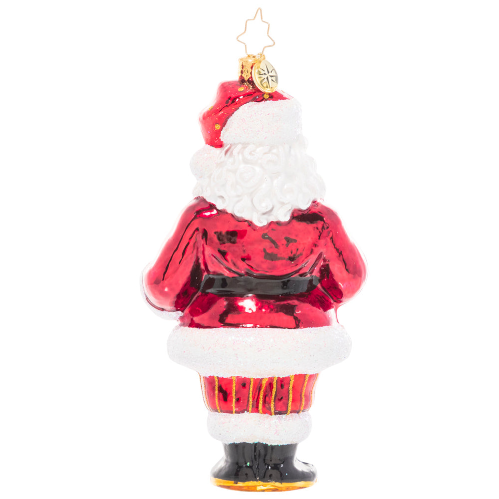 Back - Ornament Description - Thank A Vet: Santa holds a star-spangled heart and with a yellow remembrance ribbon to show his heartfelt gratitude and respect for our brave veterans. Have you thanked a vet today? A percentage of the sales from this ornament will benefit Veteran’s charities.