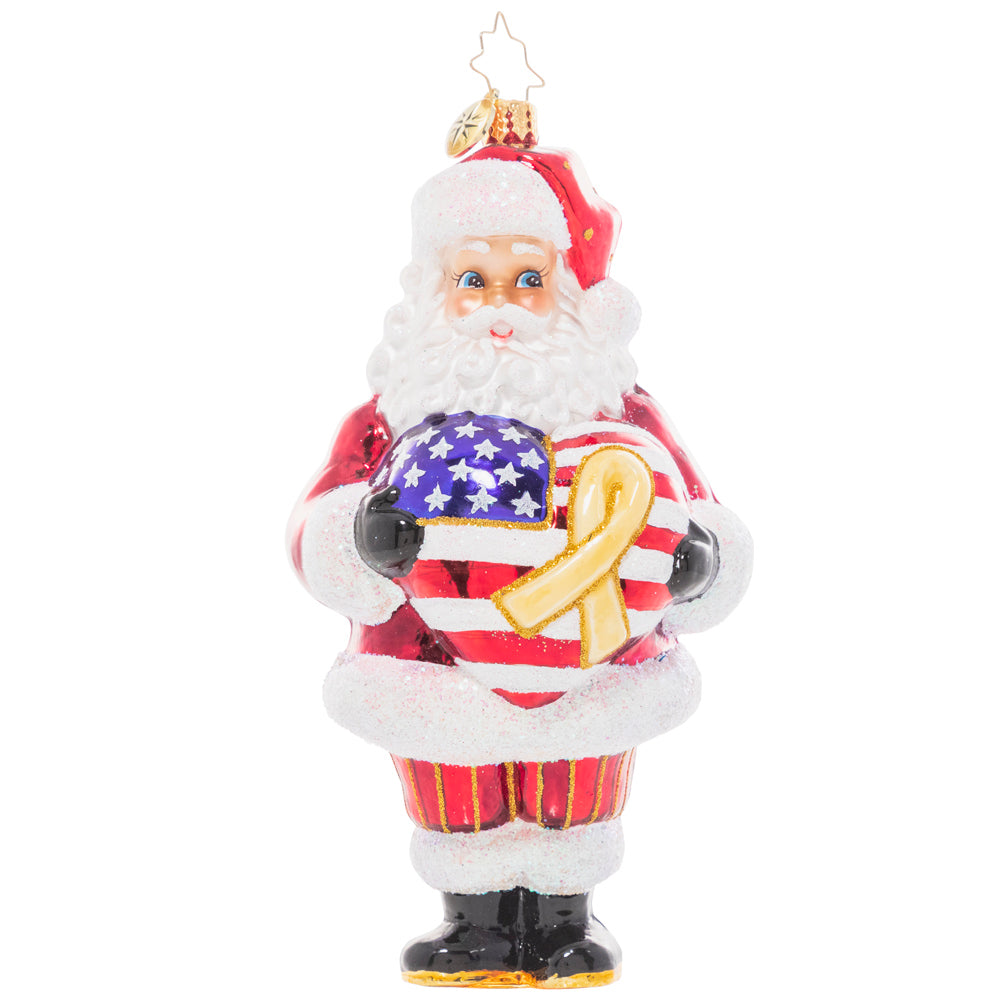 Front - Ornament Description - Thank A Vet: Santa holds a star-spangled heart and with a yellow remembrance ribbon to show his heartfelt gratitude and respect for our brave veterans. Have you thanked a vet today? A percentage of the sales from this ornament will benefit Veteran’s charities.