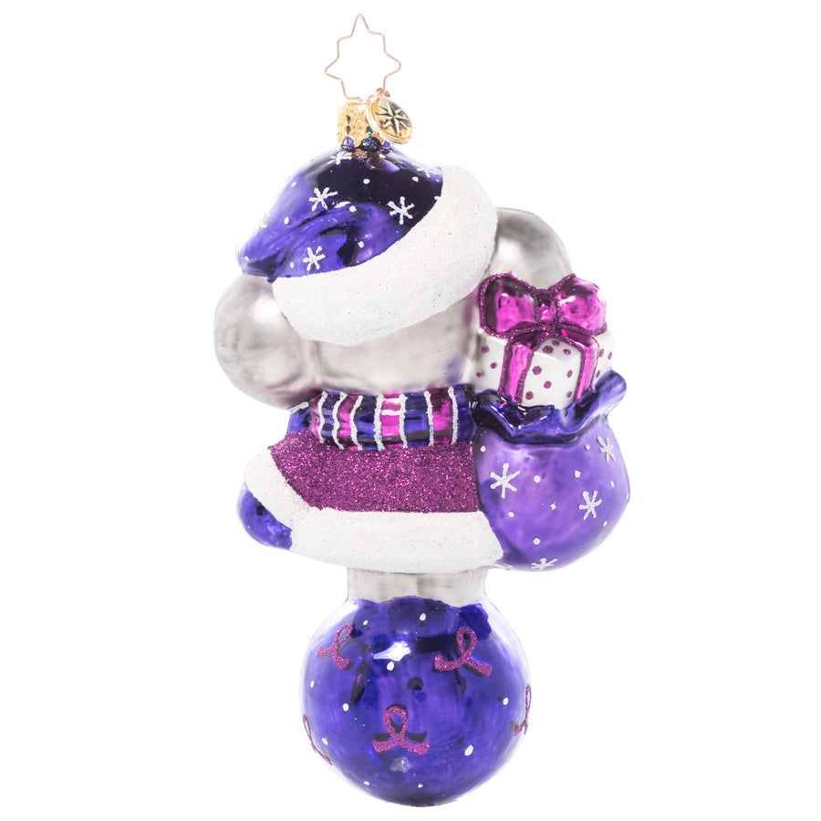 Back - Ornament Description - Love Never Forgets: With big ears and an even bigger heart, an adorable elephant dons all his purple duds in honor of Alzheimer's Awareness. After all, an elephant never forgets, and he wants us to remember this important cause too! A percentage of the sales from this ornament will benefit Alzheimer's charities.