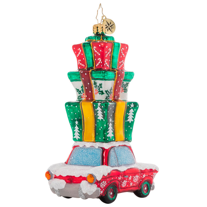 Back-Side View - Ornament Description - Holiday Driver: Beep beep! Here comes Christmas! This classic car is piled high with presents, ready to surprise and delight.