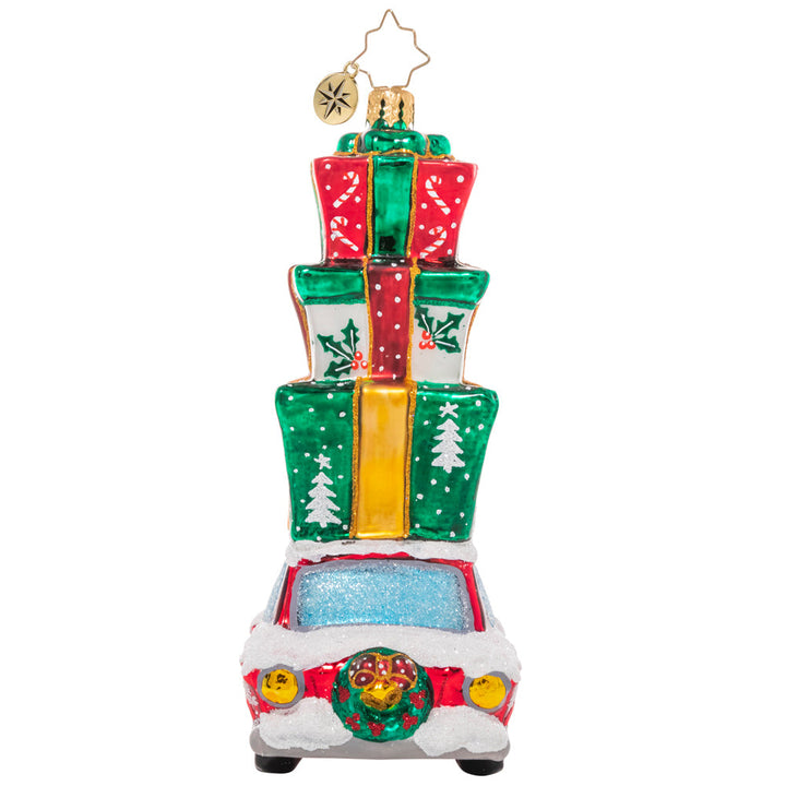 Front View - Ornament Description - Holiday Driver: Beep beep! Here comes Christmas! This classic car is piled high with presents, ready to surprise and delight.
