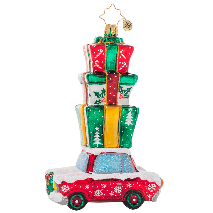 Side View - Ornament Description - Holiday Driver: Beep beep! Here comes Christmas! This classic car is piled high with presents, ready to surprise and delight.