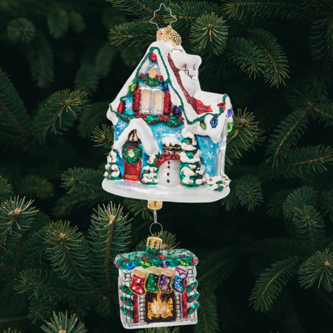 Ornament Description - Cozy Christmas Cottage: A festive cozy cottage, all decked out for the holiday season. Imagine how delightful it must be inside. Bring this miniature home into your own holiday scene this Christmas.