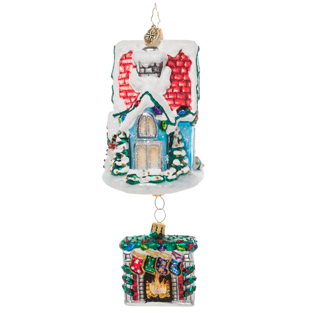 Side View - Ornament Description - Cozy Christmas Cottage: A festive cozy cottage, all decked out for the holiday season. Imagine how delightful it must be inside. Bring this miniature home into your own holiday scene this Christmas.