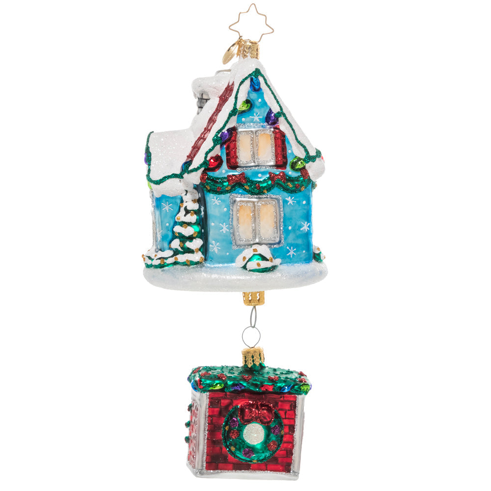 Back - Ornament Description - Cozy Christmas Cottage: A festive cozy cottage, all decked out for the holiday season. Imagine how delightful it must be inside. Bring this miniature home into your own holiday scene this Christmas.