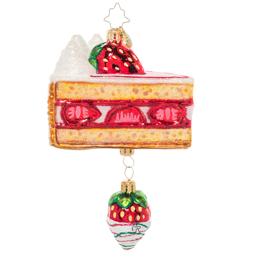 Front - Ornament Description - Divine Dessert: Strawberries and cream-a dream! Sweet berries and whipped cream adorn a delightful sponge cake, with one juicy berry dangling below. It looks good enough to eat!
