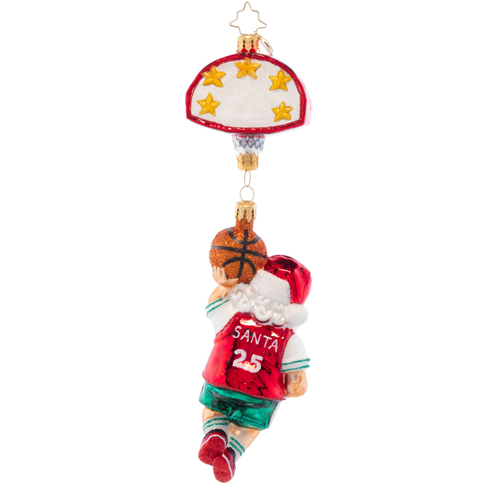 Back - Ornament Description - Baller Santa: Santa has some serious hops! When he's not delivering presents on Christmas Eve, Santa hits the court to show off his basketball skills.