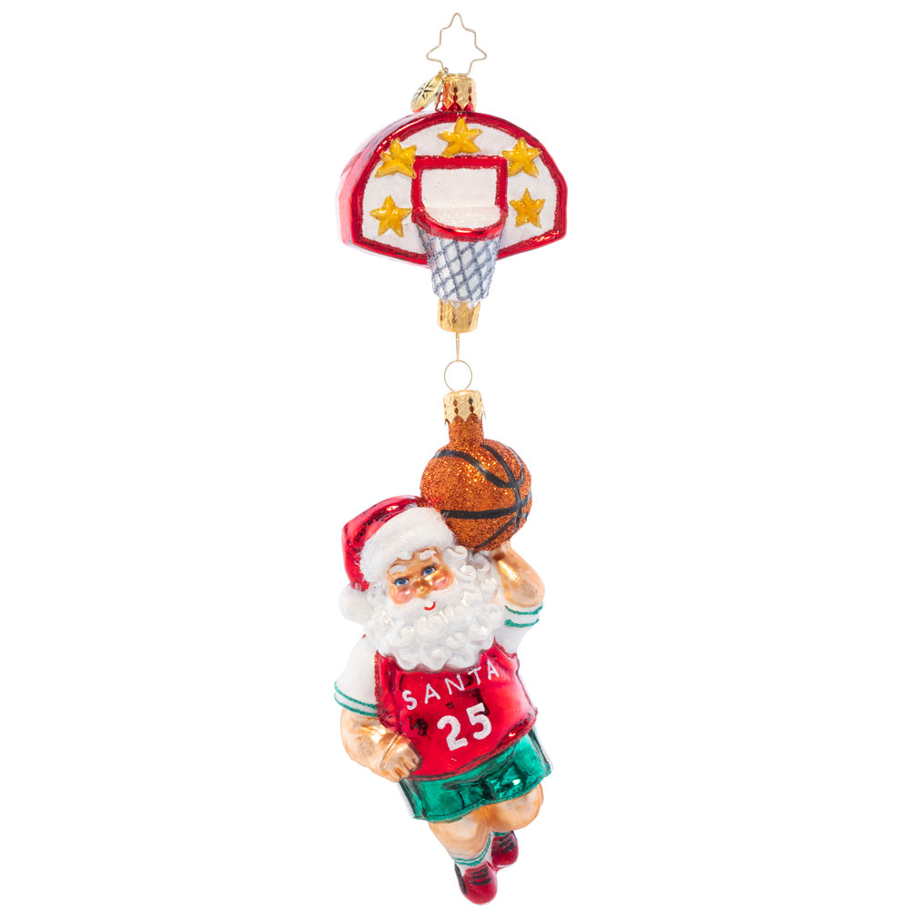 Ornament Description - Baller Santa: Santa has some serious hops! When he's not delivering presents on Christmas Eve, Santa hits the court to show off his basketball skills.