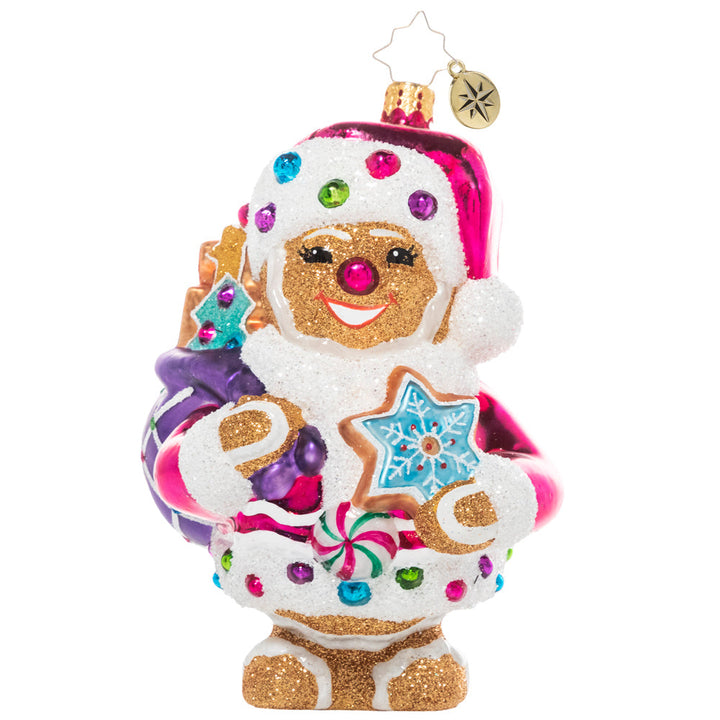 Front - Ornament Description - Gingersnap Santa: Gingerbread Santa is cute as a button! He's ready to make the holiday super sweet with his bag full of treats.