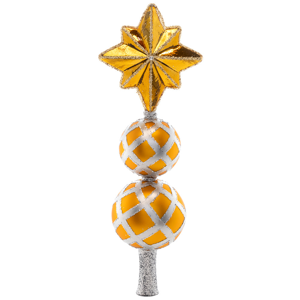 Back - Ornament Description - Christmas Star Finial: Let this glorious gilded star serve as your guide this Christmas, shining as a beacon of classic holiday cheer atop your tannenbaum.
