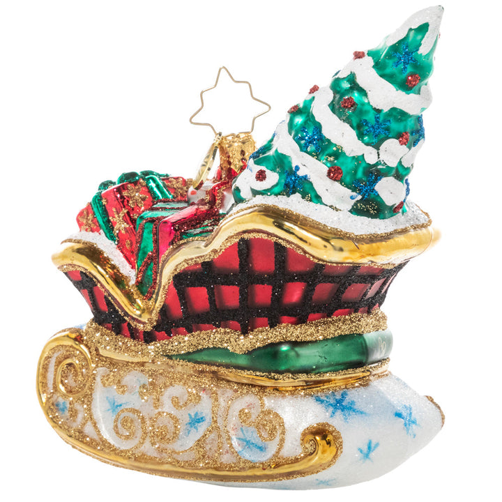 Back - Ornament Description - Snowy Sleigh Ride: This delightful sleigh is packed to the gills with everything you need for a joyful Christmas, even the tree. 