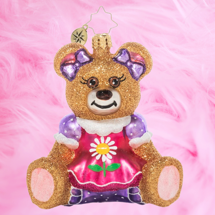 Ornament Description - Darling Teddy: A darling teddy bear girl, ready for her first Christmas on the tree. Sure to delight the young, and young-at-heart.